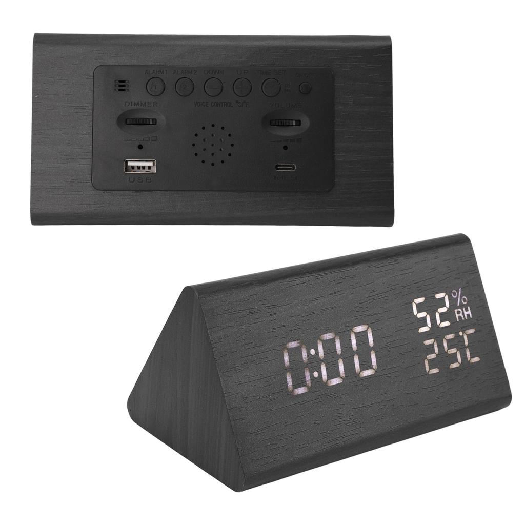 Wooden Digital Alarm Clocks LED Display Temperature Humidity Alarm Clocks for Bedside Bedroom Dormit