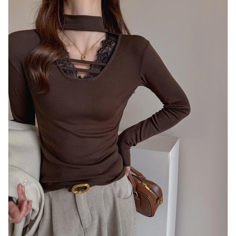 

Элегантно скроенный женский базовый топ с V-образным вырезом, кружевной вставкой и длинными рукавами из фланели XL (135-150 jin) кофейный