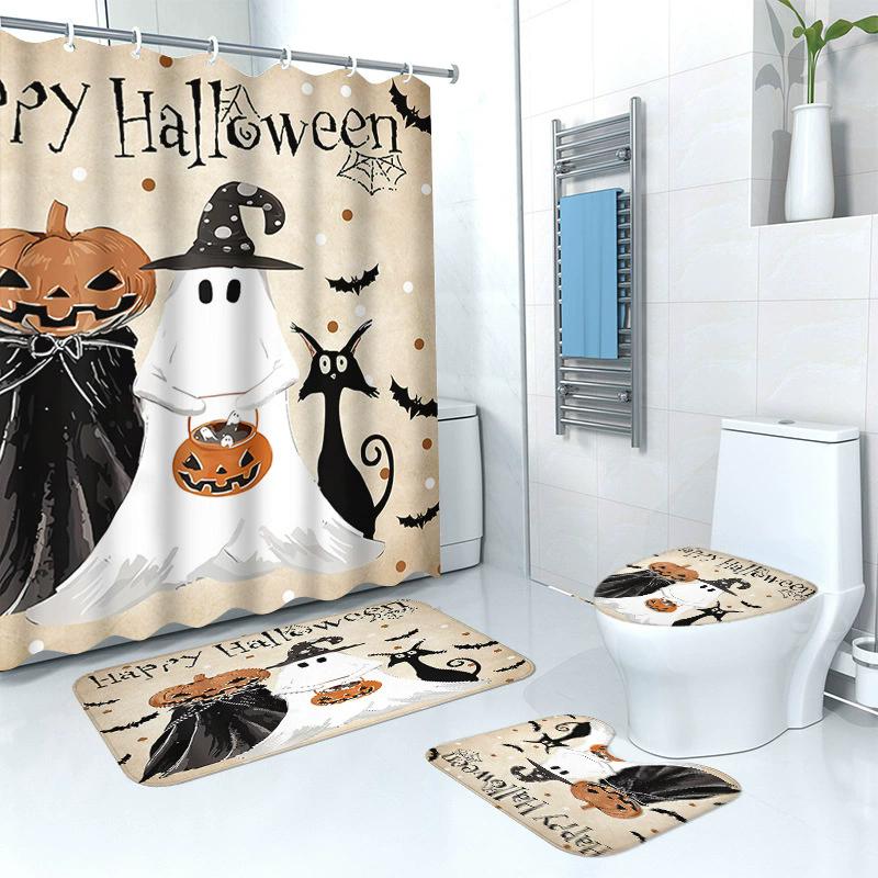 HOT Halloween Ghost Pumpkin Skull Shower Curtain Set with Non-Slip Rugs Toilet Lid Cover and Bath Mat Washable Trick or Treat