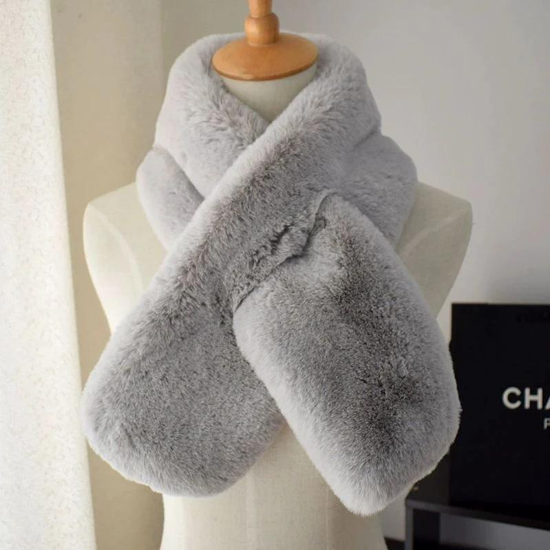 Winter Thicken Rabbit Fur Collar Scarf Women Keep Warm Fur Cross Winter Scarf Autumn Winter Fake Fur Plush Neck Cross Scarf