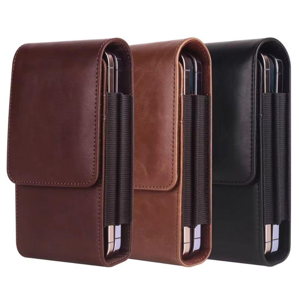 Solid Color Dual Pouch Design Waist Bag Vertical Leather Belt Clip Dual Pouch  Smartphone Case