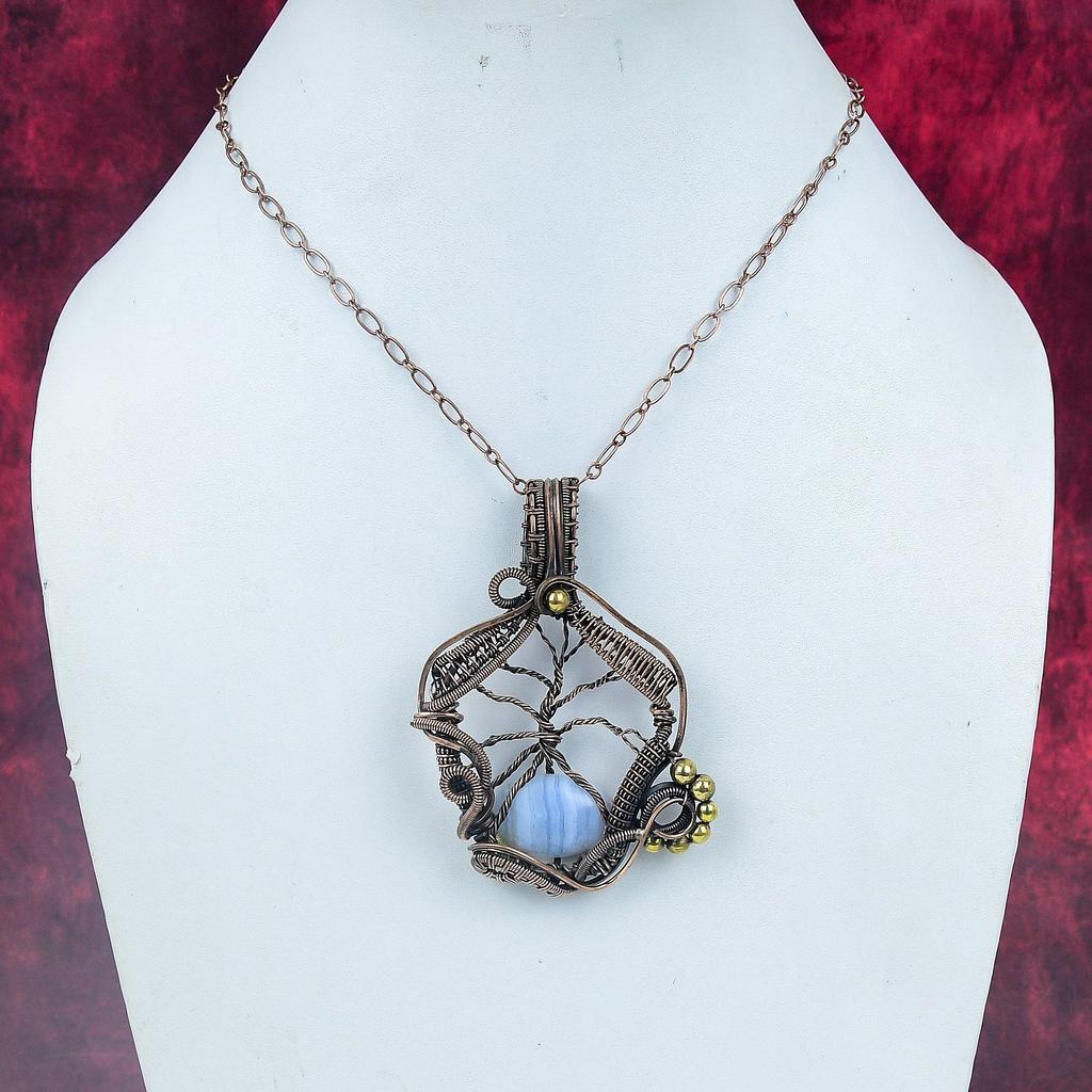 Tree Of Life Blue Lace Agate Pendant Copper Wire Wrapped Pendant Genuine Gemstone Jewelry