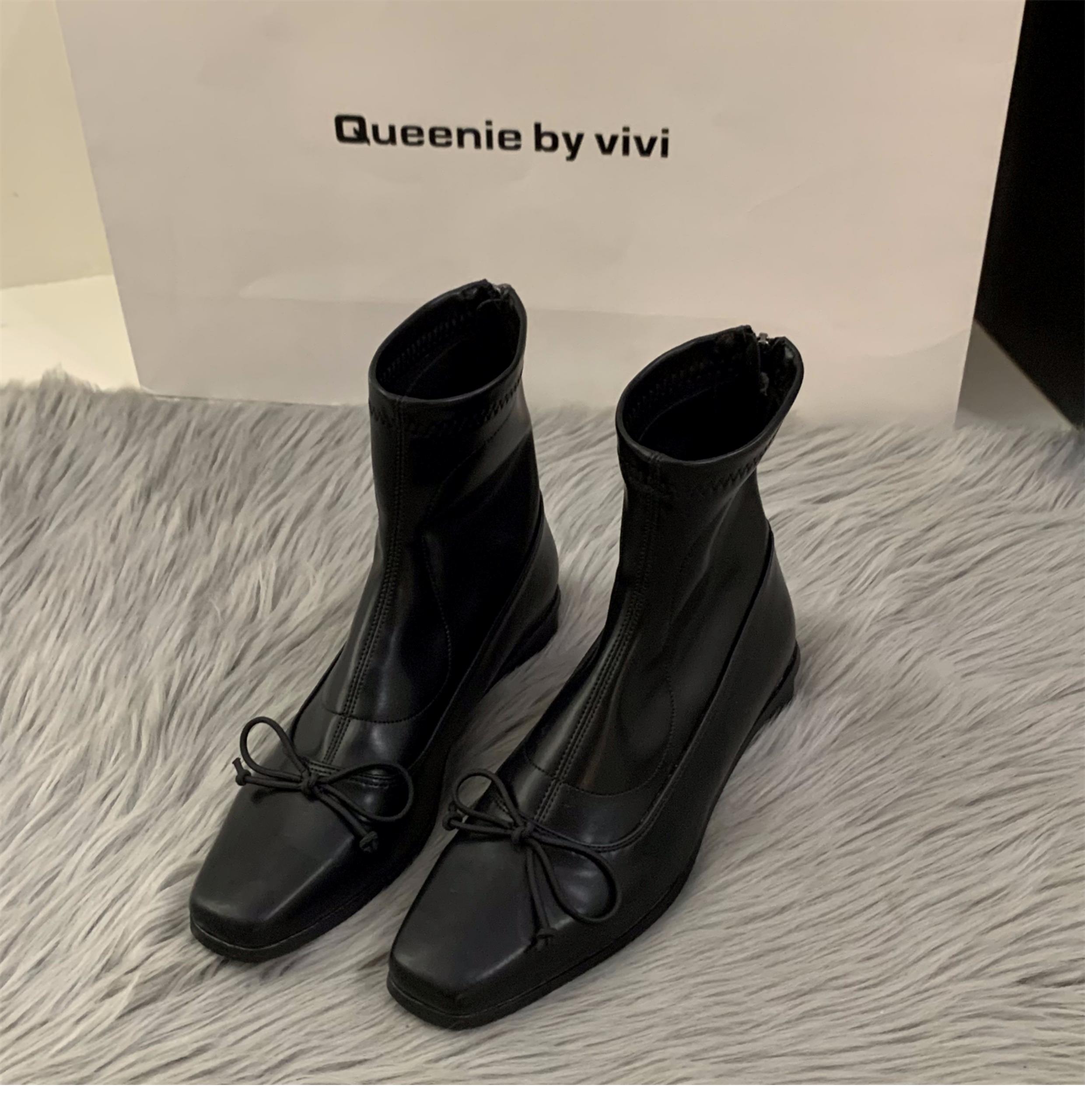 

Женские модные облегающие короткие ботинки на молнии сзади, элегантные женские туфли с квадратным носком и бантом, современные женские короткие ботинки 35 чёрный