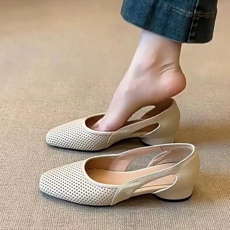 Super Soft Sheepskin~ Cool Single Shoes Women's Square Head Hollow Hole Shoes Retro Shallow Mouth Hollow Breathable Mary Jane Shoes