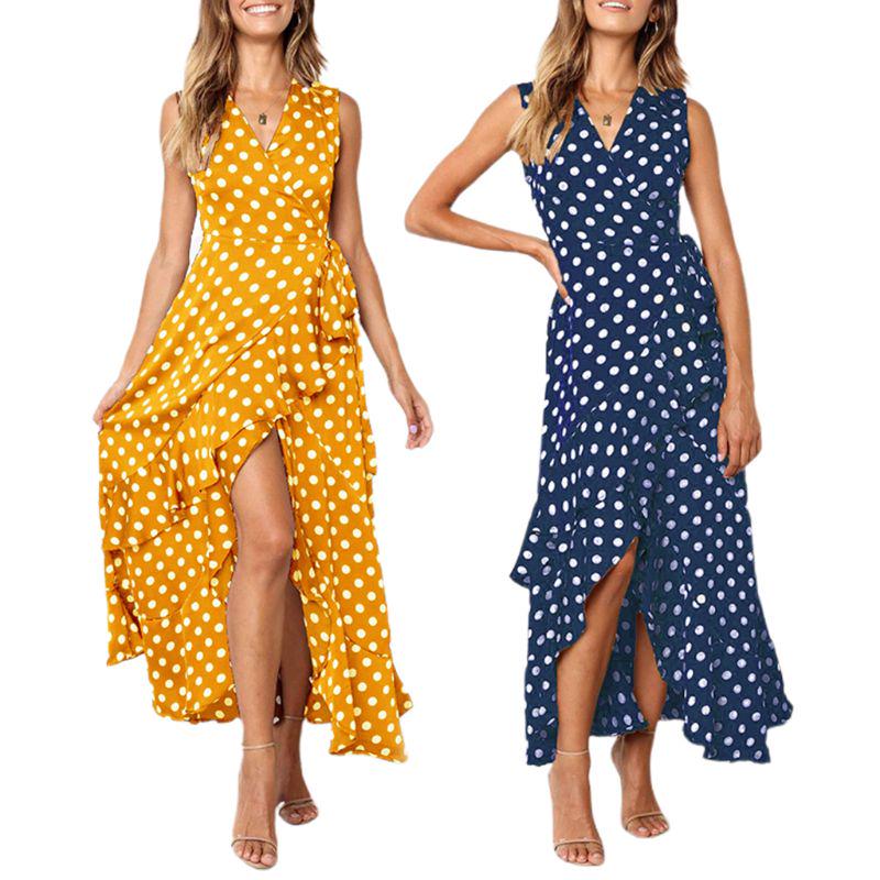 Womens Polka Dot High Low Maxi Dress,Summer Sleeveless Deep V Neck Ruffles Long Dresses with Belt