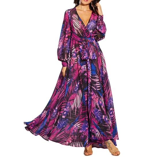 Übergröße Böhmisches Strand Damen Blätterdruck V-Ausschnitt Lange Laternenärmel Maxi-Kleid