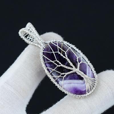 Chevron-Amethyst-Anhänger Edelstein, Handgefertigter 925er Sterlingsilber-Anhänger, Ovaler Chevron-Amethyst-Edelstein, Drahtumwickter Baum des Lebens Schmuck