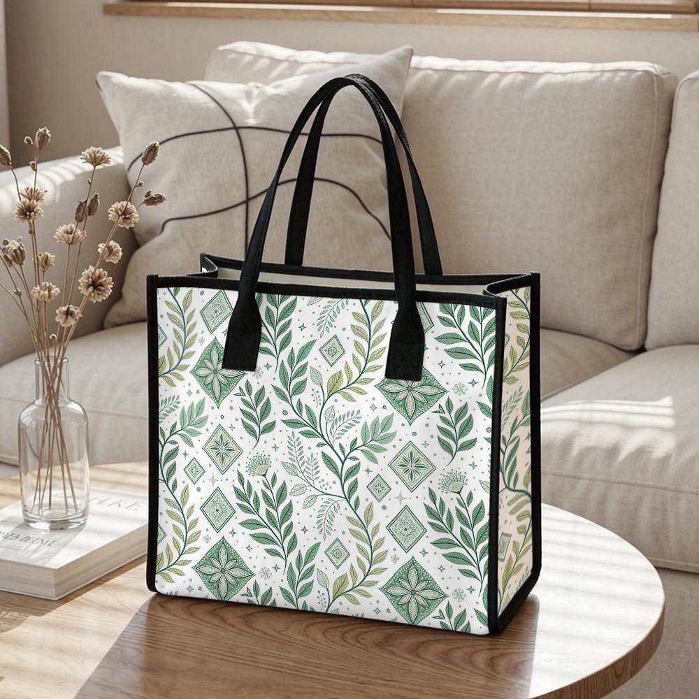 Green Leaf Pattern Tote Bag Portable Daily Canvas Shoulder Handbag for Outdoor Shopping