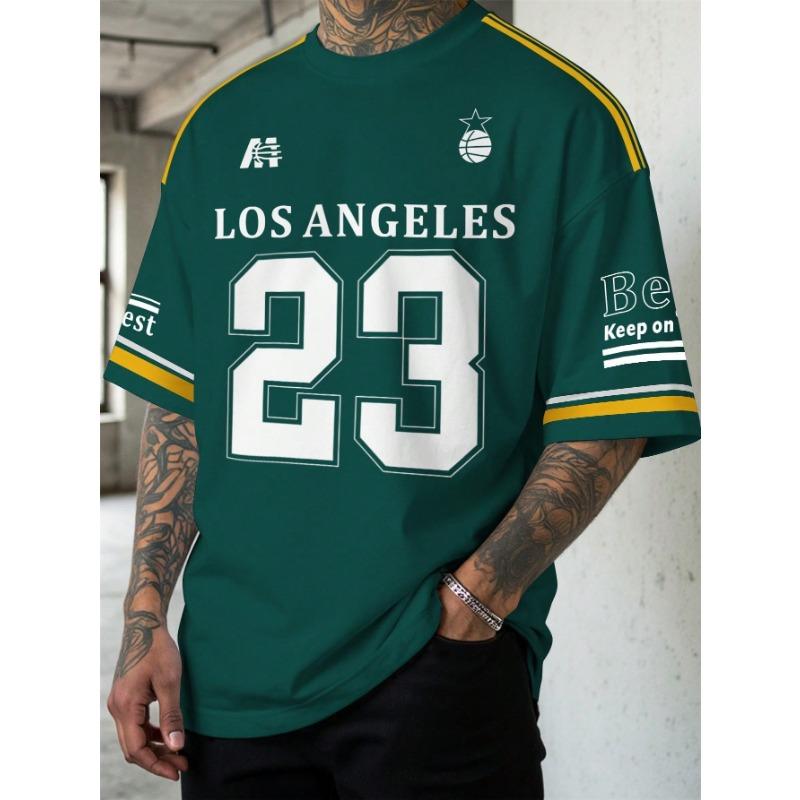 Herren Street Style Akademisches Locker geschnittenes Rundhals-T-Shirt, Schwarz Basketballtrikot inspiriert Digitaldruck Nein. 23 Flamme mit Los Angeles Design