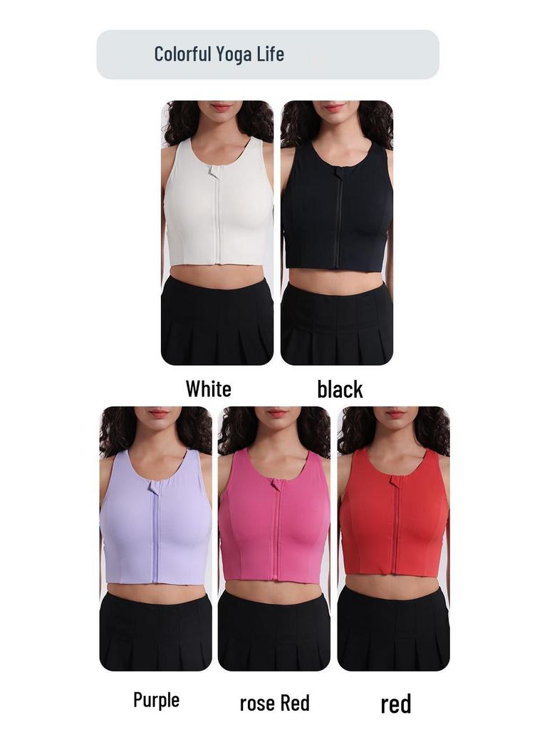 High-Impact Lycra Sports Bra with Front Zipper and Fixed Cups