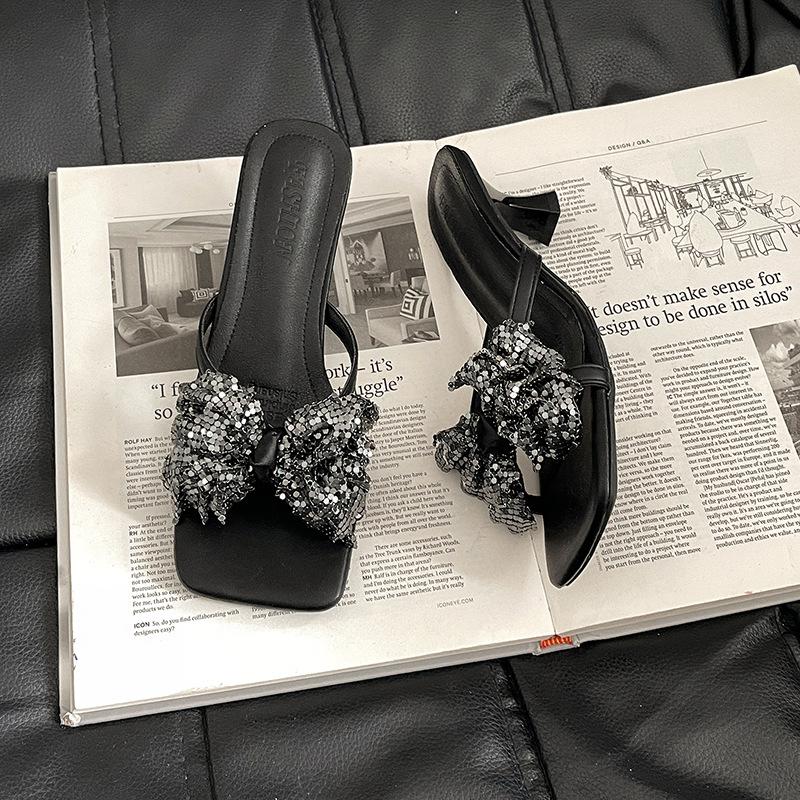 Versatile fashion square head high-heeled outer slippers women's summer 2025 new thick-heeled bow open-toed cool slippers