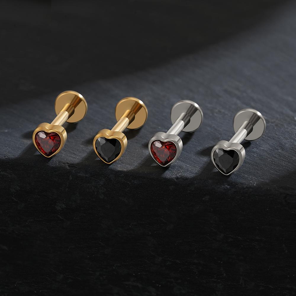 Right Grand ASTM F136 Titanium Heart Shaped CZ Flat Back Labret Stud 16G Garnet Cartilage Helix Ear Piercing Halloween Jewelry
