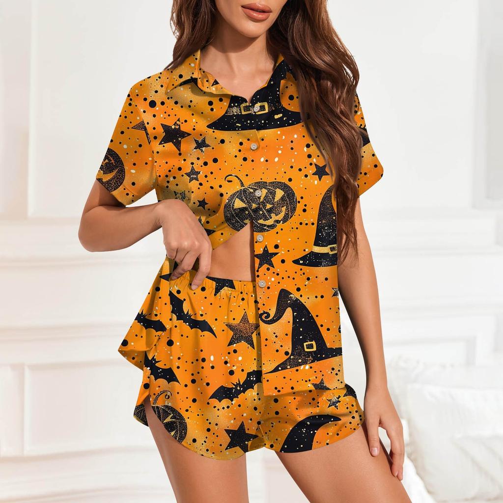 Damen Pyjama-Set aus Eisseide mit Knopfleiste, Heimkleidung, Halloween-Print, kurzärmliges Satin-Pyjama-Set