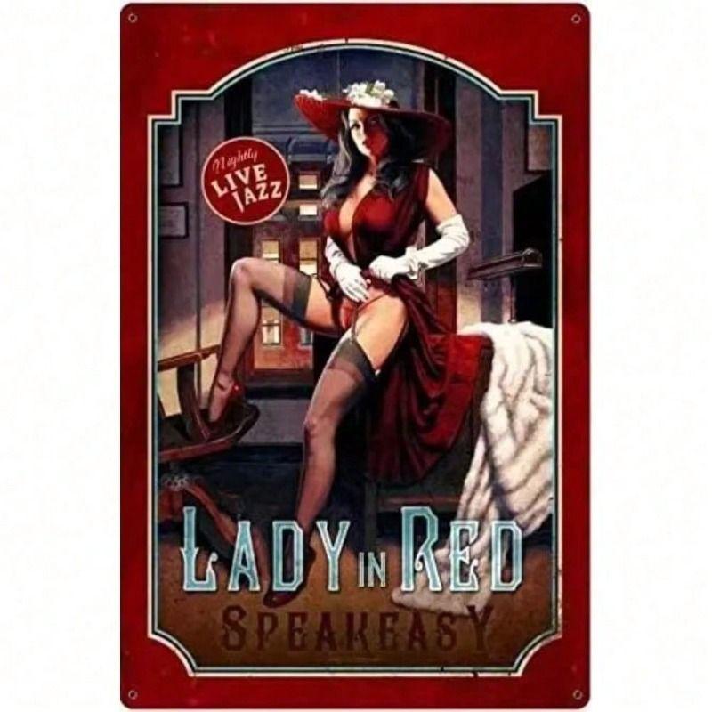 Retro Metal Wall Art, Red Pin Up Girl Poster, Vintage Garage Bar Decor