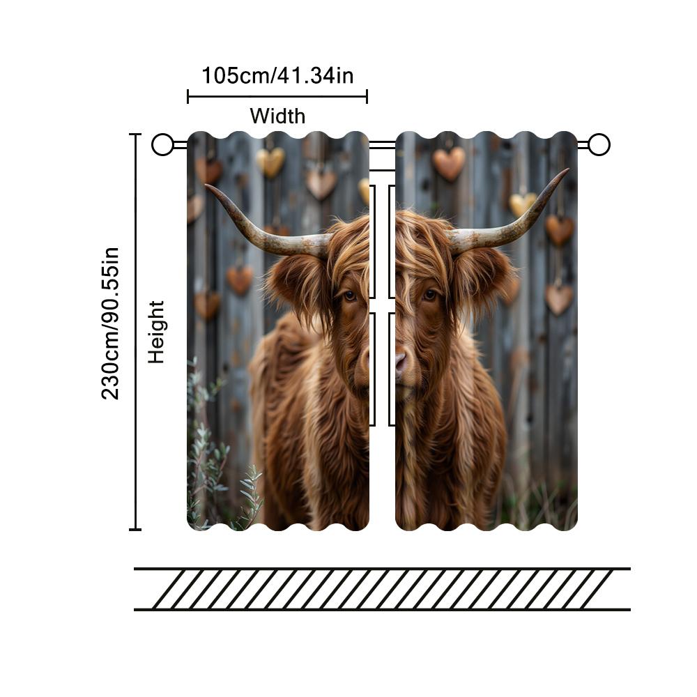 Set Of 2 Filtering Curtains Excluding Rods Non Movable Without Batteries Highland Cow Use Bedrooms Living Rooms Curtain Polyester Ideal For Great Room