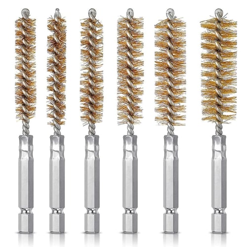 DERCHIA Wire Brushes, Brass Brushes with Hexagonal Shafts, Pack of 6, Brush-Shaped, Polishing Brush, Brass Tube Cleaning Brush, Stainless Steel and Br