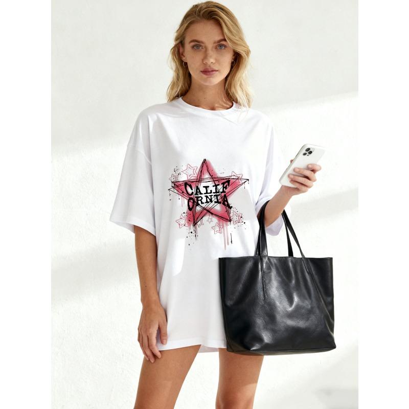 Oversized T-Shirt Black Pink Star Graffiti Print With Text Cali Born For The Night Casual Streetwear Style For Women
