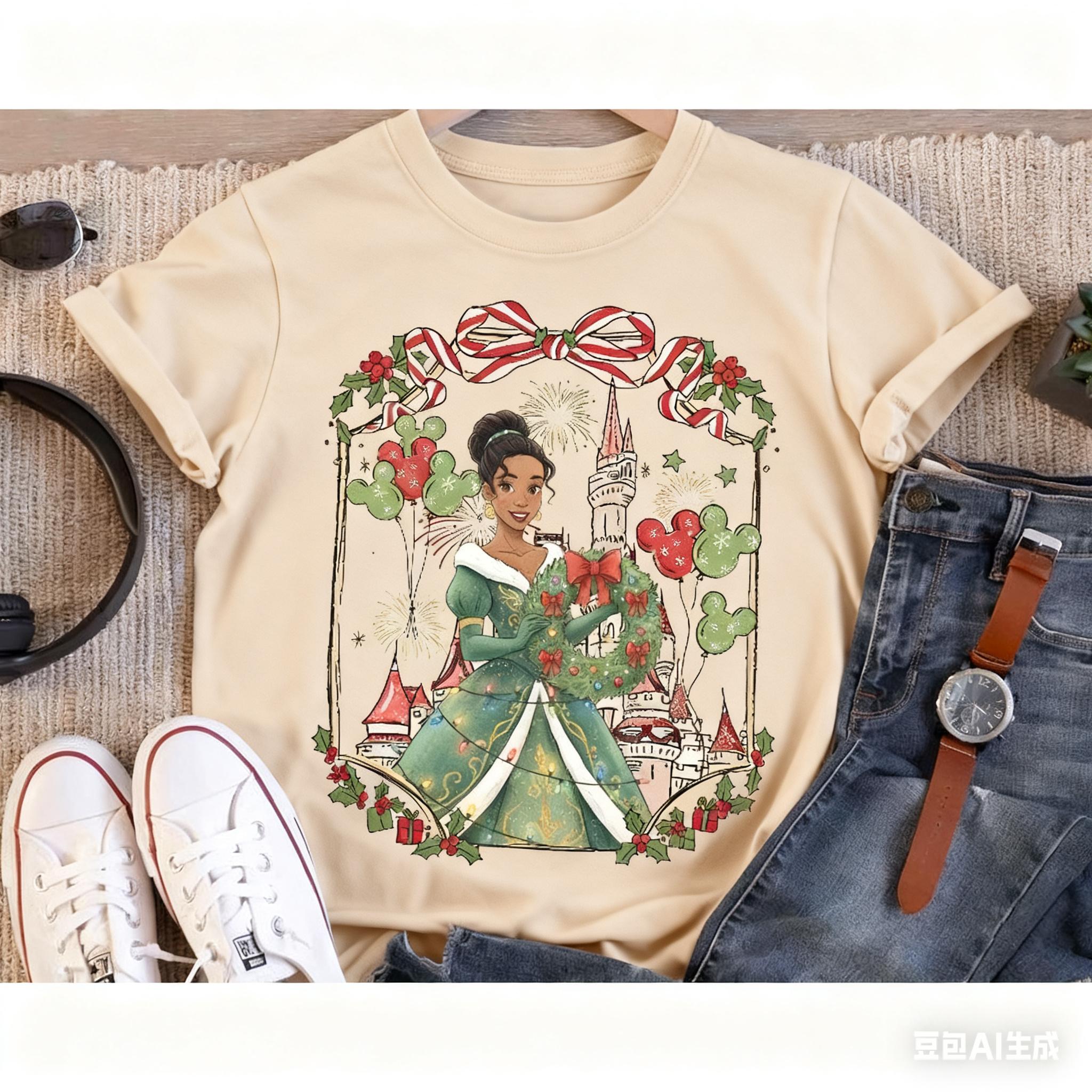 Vintage Trendy Casual Princess World Christmas Shirt Magic Kingdom Magic Castle Christmas Tshirt Girl Ariel S