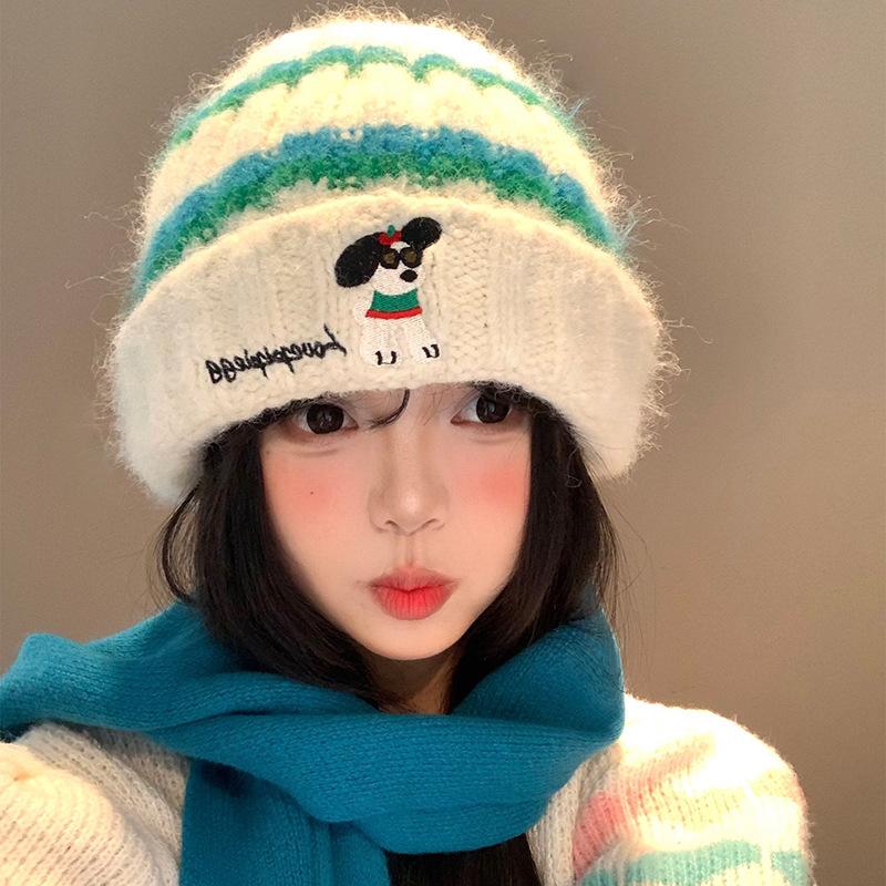 Sunglasses Puppy Embroidery Striped Wool Hat Female Autumn and Winter Face Small Knitted Hat Big Head Circumference Warm Cold Hat