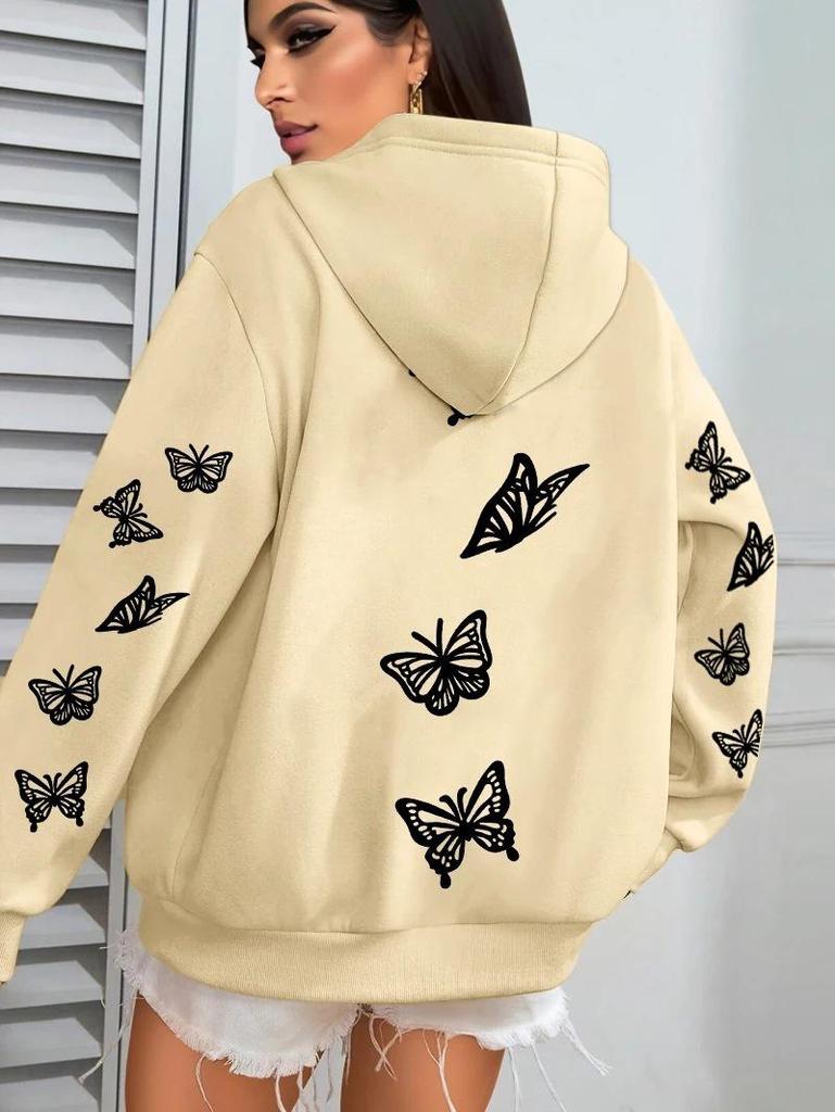 Creative Simple Butterfly Print Women's Hoodie with Pockets - Autumn/Winter Style Sweatshirt Top