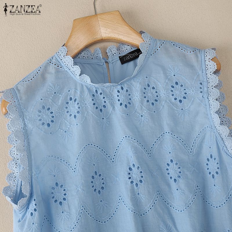 ZANZEA Women Casual Round Neck Summer Sleeveless Patchwork Crochet Tank Tops