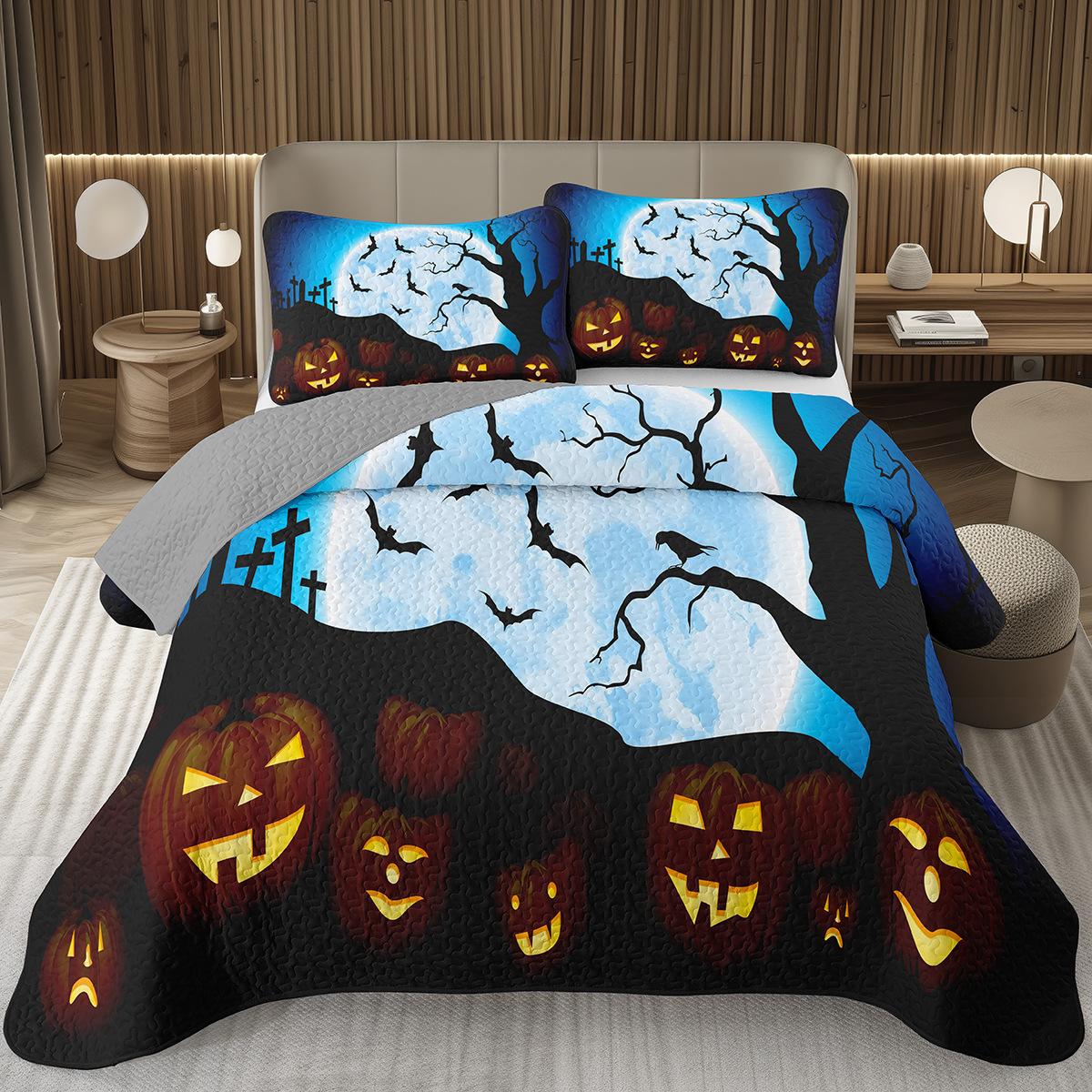 

Halowen Quilt Set Twin Ful Quen King 2/3 Piece Reversible Quilted Beding Set Pumpkin Bedspread Gothic Hor Theme Coverlet 100*200cm Single