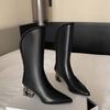 Fashion Black White Cowhide Pearl Edge Retro Knee High Boots New Autumn Winter 5.5cm Low Heel Commuting Shopping Fashion Warm Long Boots