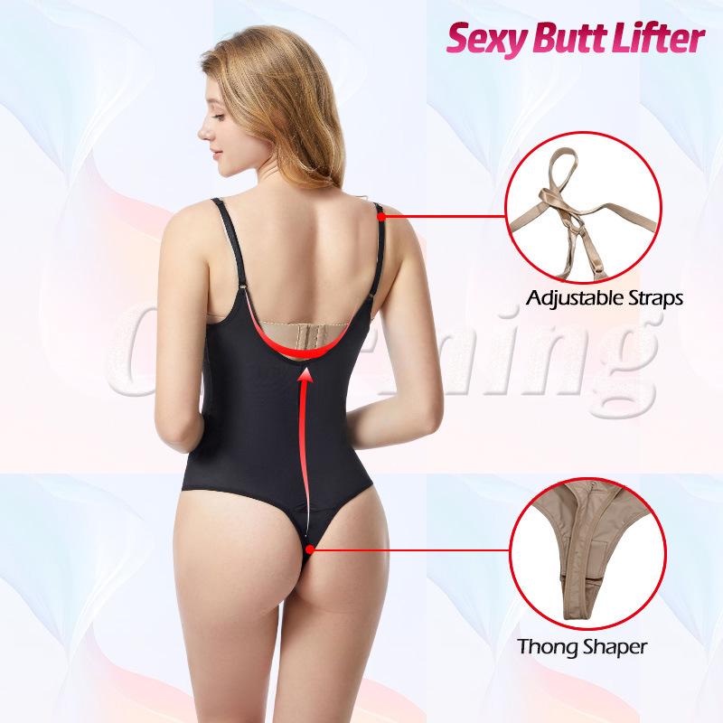 Body con spalline sottili in pizzo, schiena a T, con sostegno al seno e modellante in vita