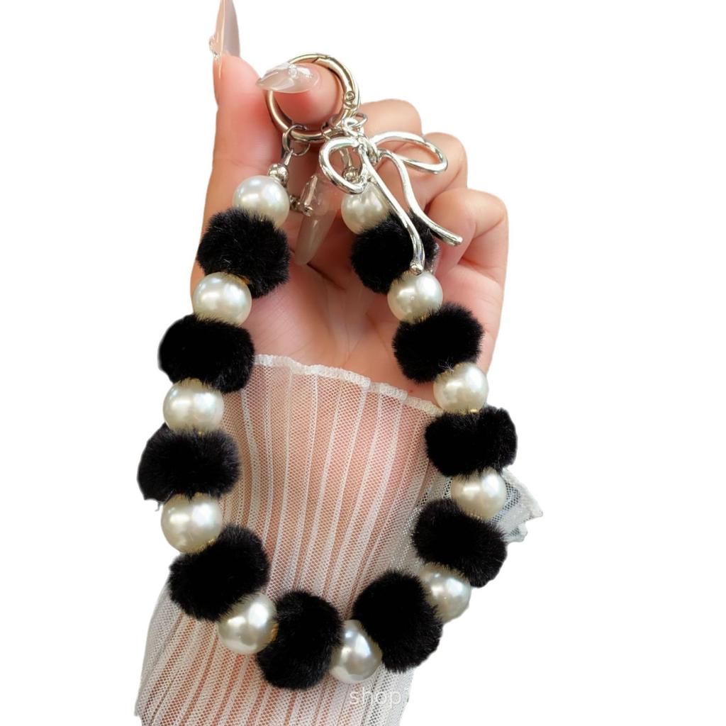 Autumn and Winter Plush Pearl Bracelet with 3D Bow Pendant, Phone Chain, Lanyard, Bag Charm, Keychain