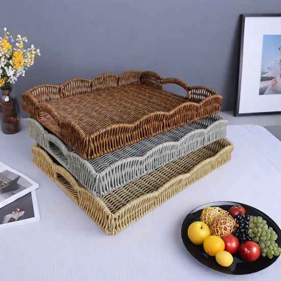 Storage Tray Wicker Basket with Handles Retro Rattan Weave Design Easy To Clean Multi-Functional Countertop Organizer