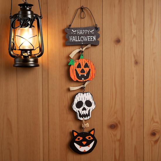Retro Distressed Holiday Plaque Happy Halloween Wooden Sign, Spooky Pumpkin Ghost Cat Bat Door Hanger, Wall Decor Rustic Farmhouse Hanging Sign