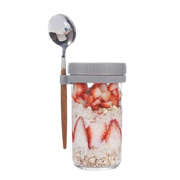Stable Glass Cups with Lid and Spoon Functional Glass Oats Container With Lid And Spoons Perfect For Portable Meals
