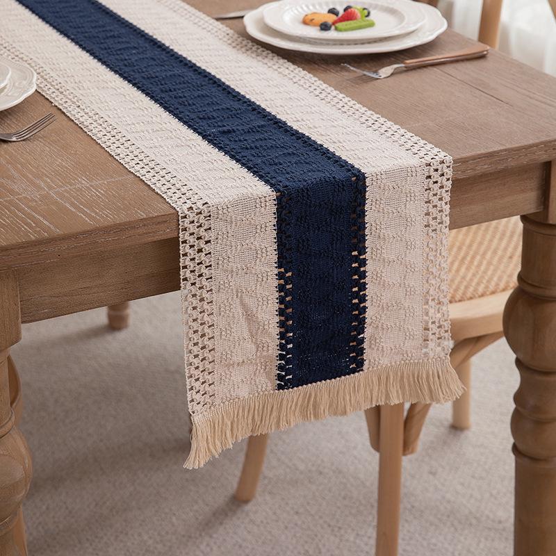 American Cotton Linen Table Runner, Natural Color with Tassels, Stripes, Diamonds, and Plaid Pattern for Dining Table or Sideboard Decoration.