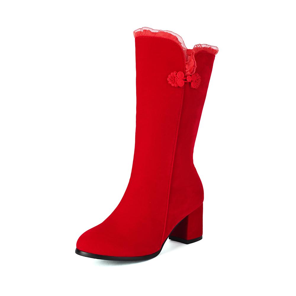 Fashion Elegant Flock Mid-calf Boots Women Shoes Woman Fashion Mid Heels Winter Lace Party Boots Black Red Bottine Mujer Large Size33-43