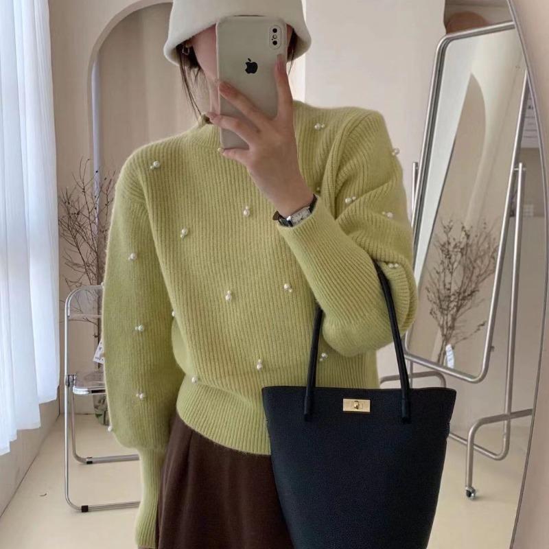 

Soft and Glutinous Round Neck Pullover Pearl Sweater 2025 Autumn Winter French Base Knitted Sweater Top OneSize