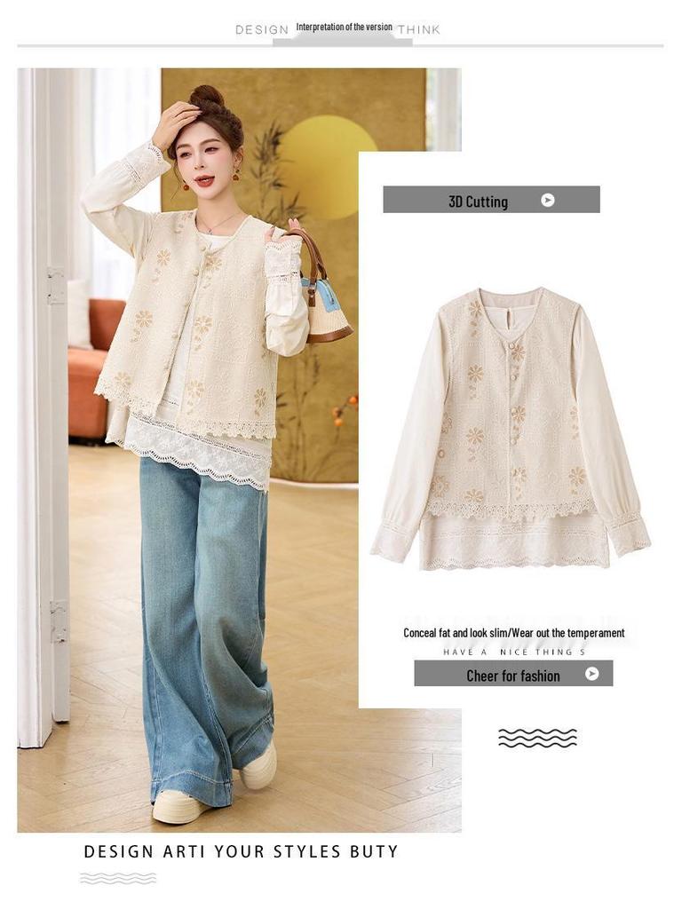 Spring 2025 Women's Lace Patchwork Shirt and Embroidered Cardigan Vest Set