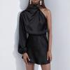 Seidensatin Langarm Minirock Frühling Damen Single Shoulder Cocktailkleid Rundhals Kurzrock Modische Damen