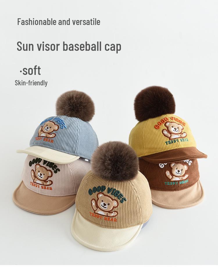 Children's Warm Cartoon Bear Duckbill Baseball Cap with Pom-Pom