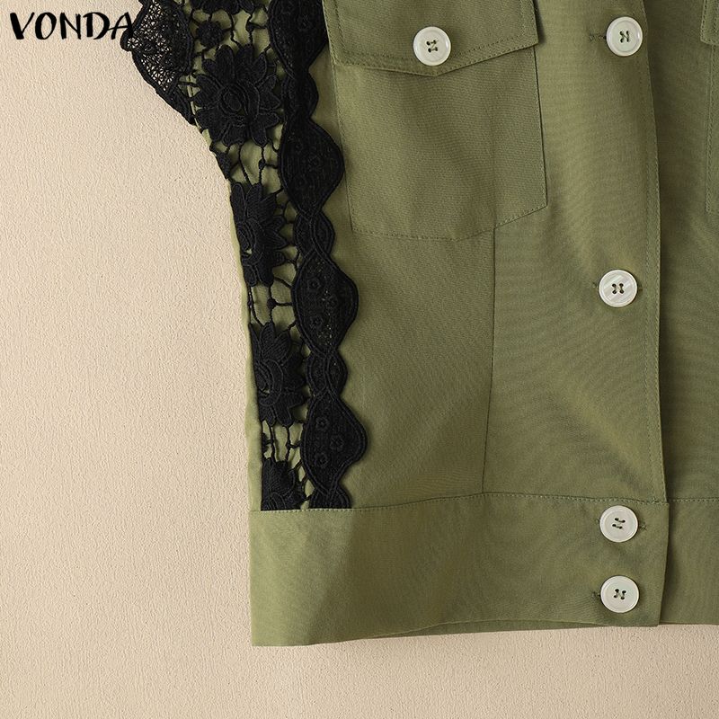 VONDA 2PCS Summer Women Sleeveless Lace Splicing Tank Tops and Shorts Pants Casual Sets