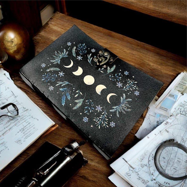 Moon Phase Leather Journal with Lock – Handmade Vintage Diary