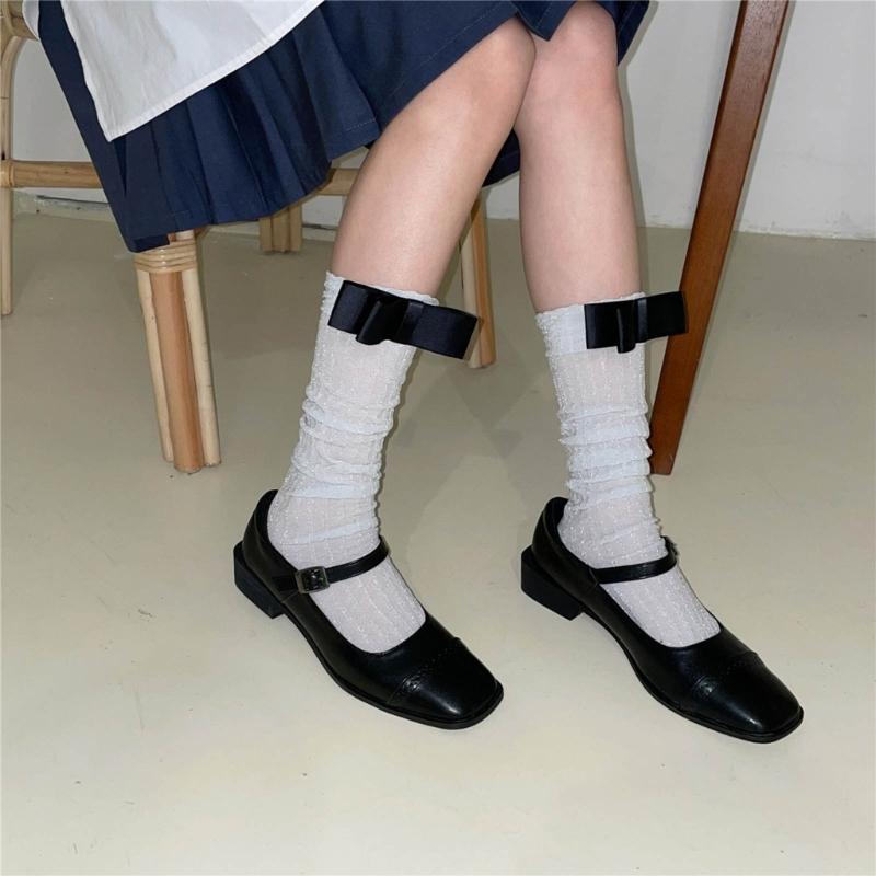 Delicate Women Girls Lace Calf Socks Spring Summer Calf Socks Under Knee Stocking Antiskid Bowknot Decor Knee Sock