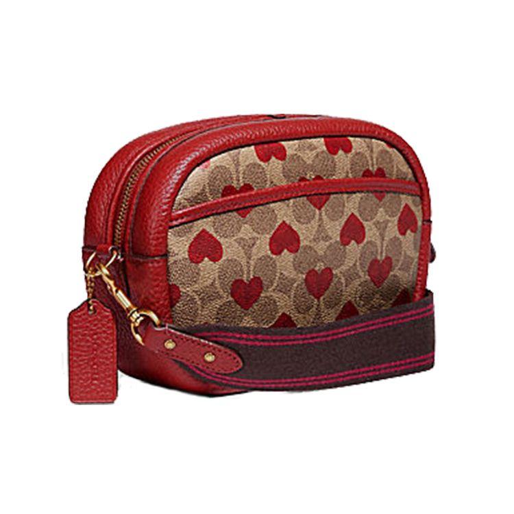 Coach Classic Monogram Turnlock Canvas And Leather Camera Bag Women Shoulder Bag Brown Red C8390-B4P22