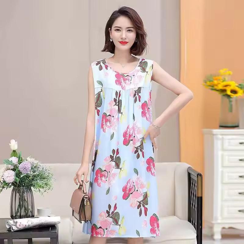 Summer Middle-Aged and Elderly Cotton Silk Nightgowns Pajamas Women's Dresses Large Size Mother's Casual Nightgowns Homewear