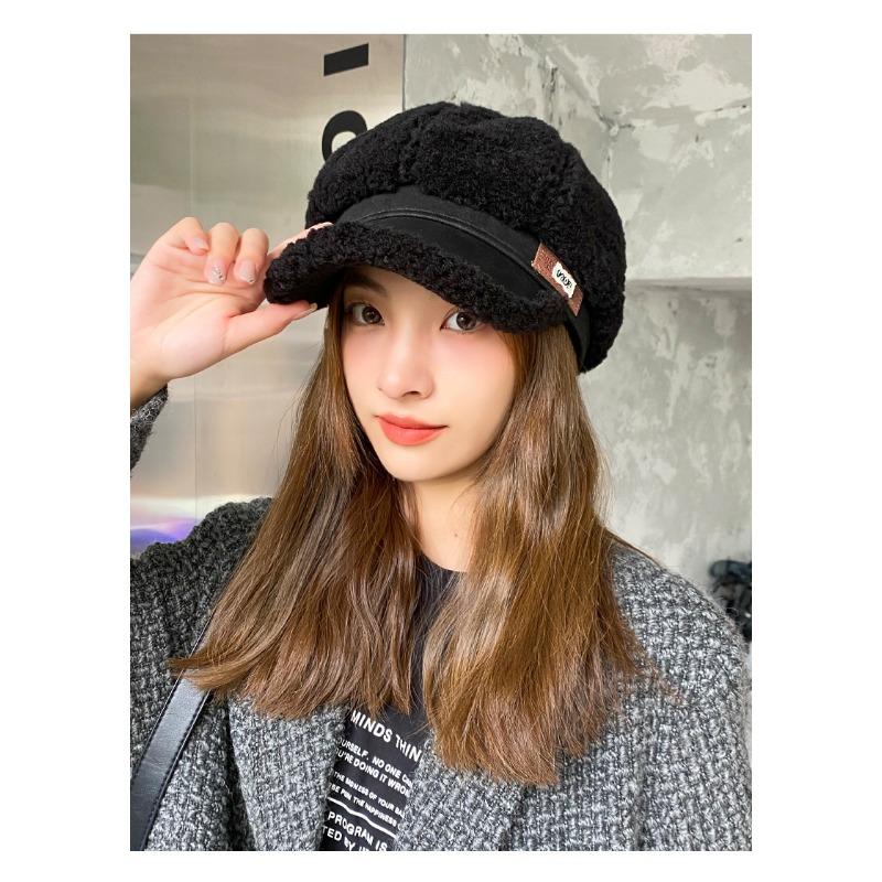Autumn and Winter New Hat Women's Imitation Lamb Fleece Octagonal Hat Winter Warm and Cold Proof Duck Tongue Hat