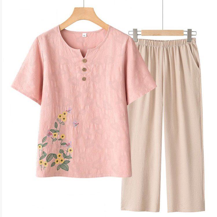 Elderly Women's Summer 2026 Short Sleeve Loose T-Shirt Two-Piece Set