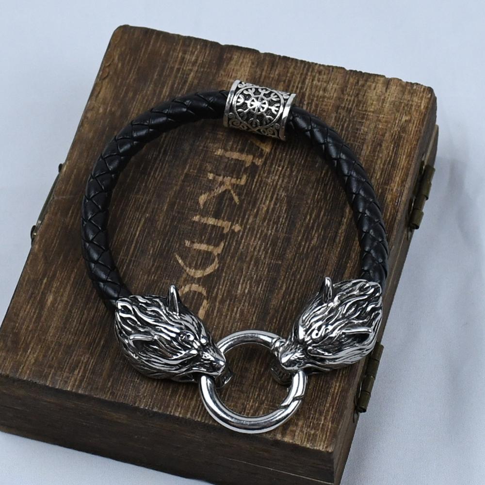 Wolf Head Bracelet Stainless Steel Viking Rune Bead Leather Bracelet Jewelry For Women Men Unisex Gift