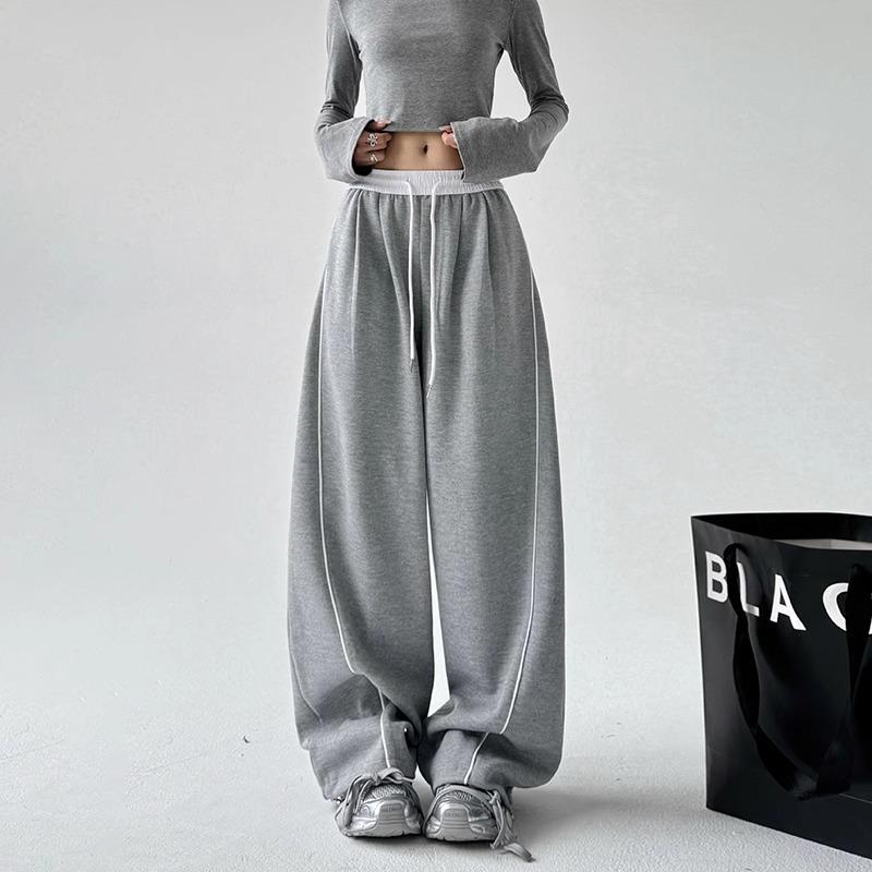 

Drawstring athleisure pants, women s autumn new spliced slimming wide-leg pants, straight and versatile loose floor-length pants XXL сірий колір