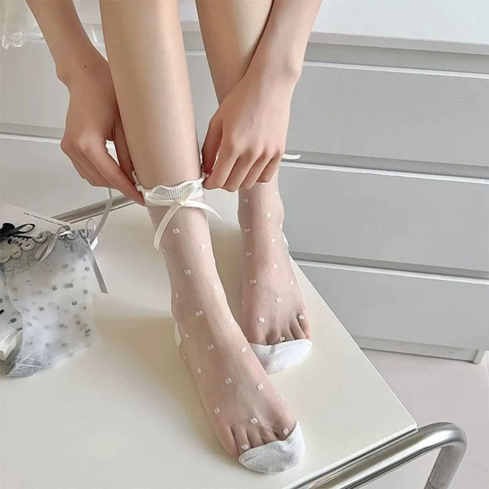 Crystal Silk Lace Bow Socks Ultra-thin Polka Dot Sock Comfortable Mid Tube Sock  Girls