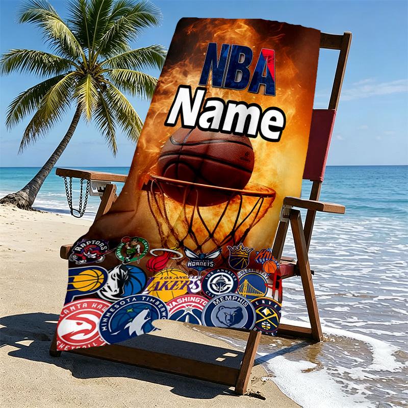 Custom Name Personalized NBA Print Beach Towel, for Trip Camping Beach Party Home Decor, Birthday Gift for Family & Friends