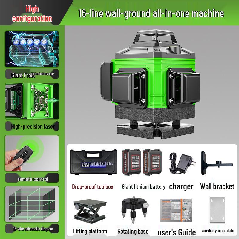 High-Precision Laser Level with 12-Line Green Infrared and Heavy-Duty Spirit Level
